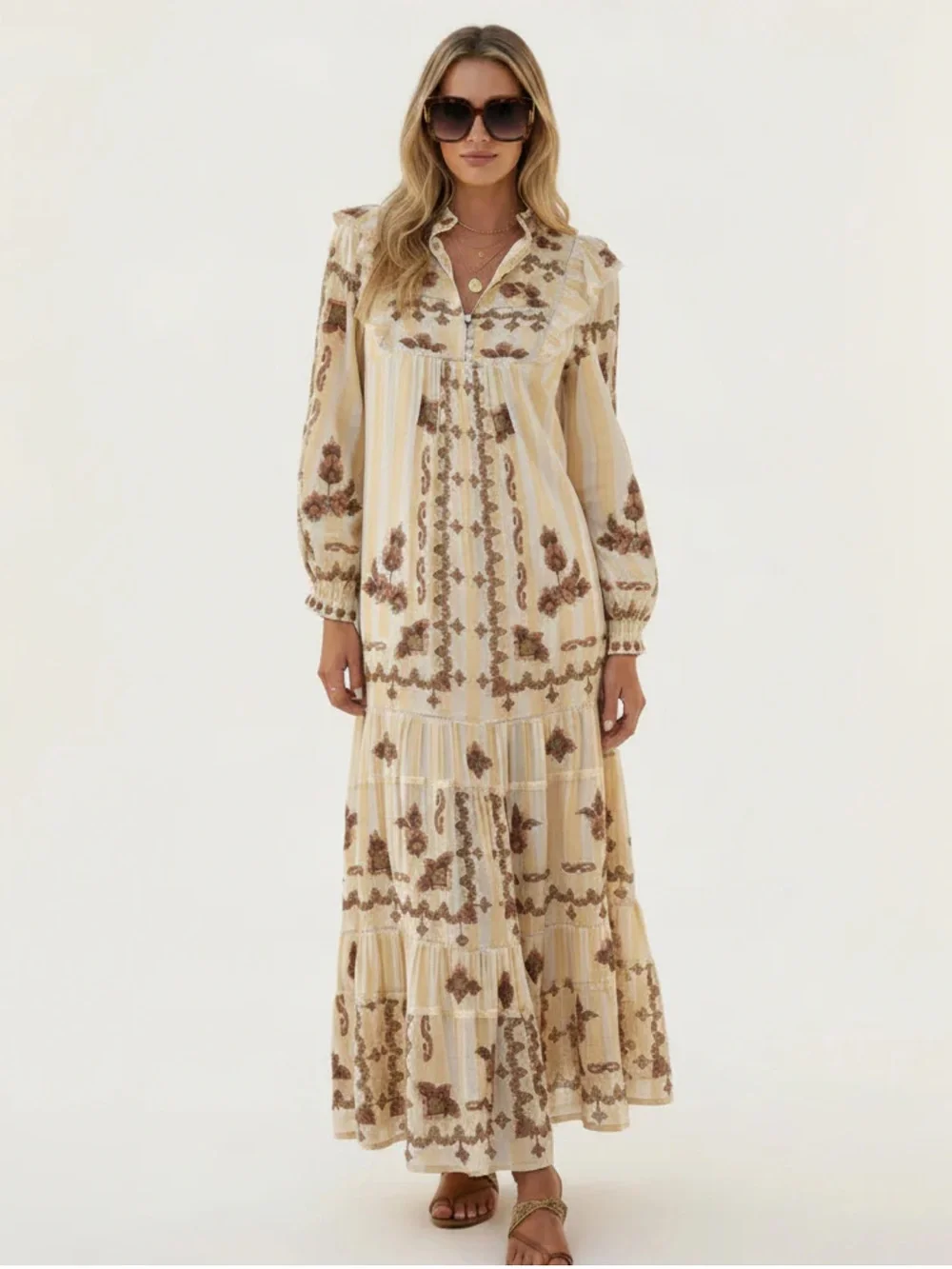 Farm Rio Jacquard Embroidered Ikat Long Sleeve Midi Dress XS - Picture 9 of 16